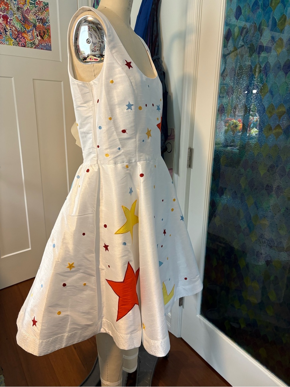 Raver, whimsical, galaxy dress - white sleeveless colorful Star Appliqués - Picture 5 of 14